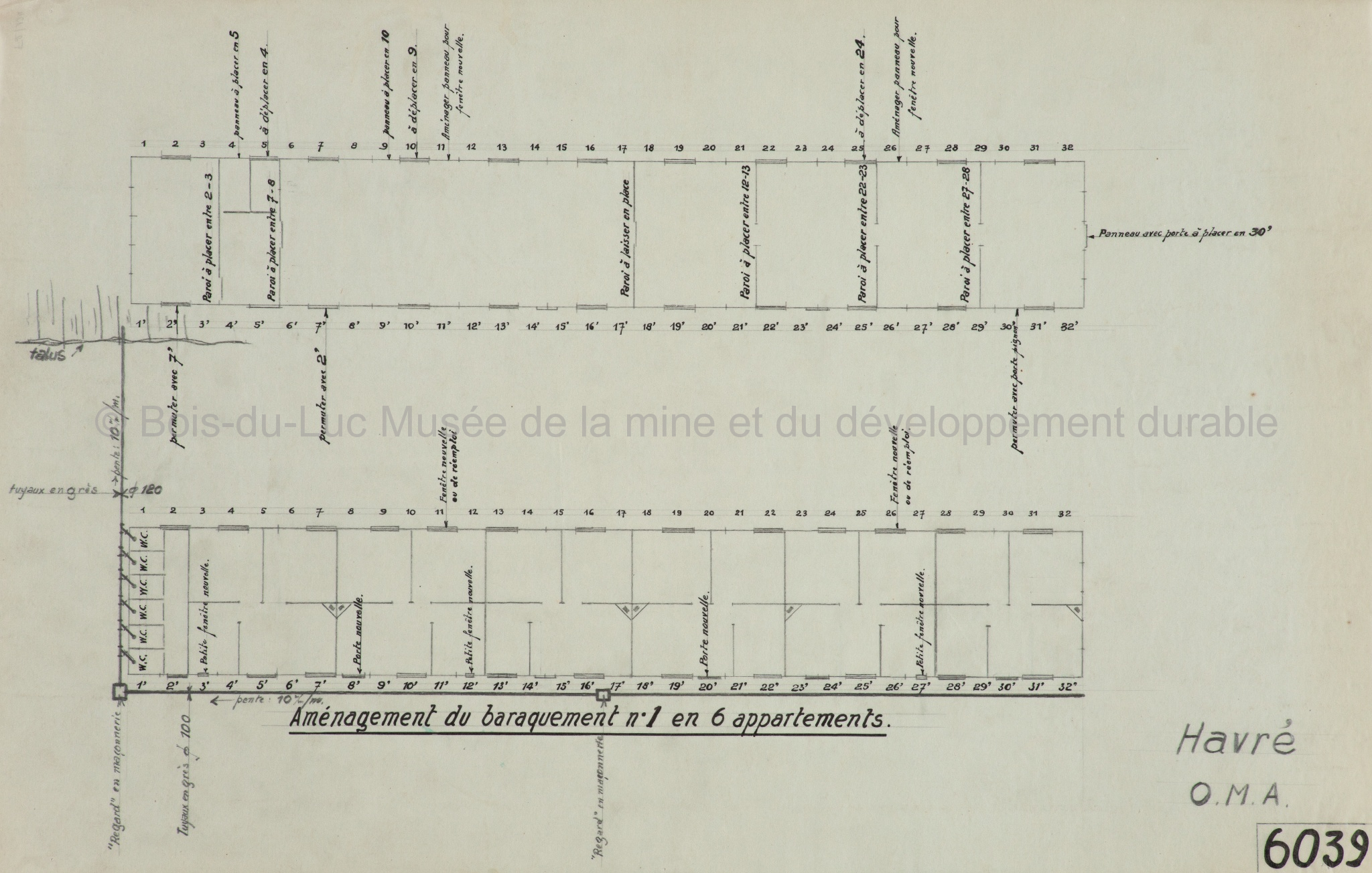 Aménagement du baraquement n°1 en 6 appartements. Havré