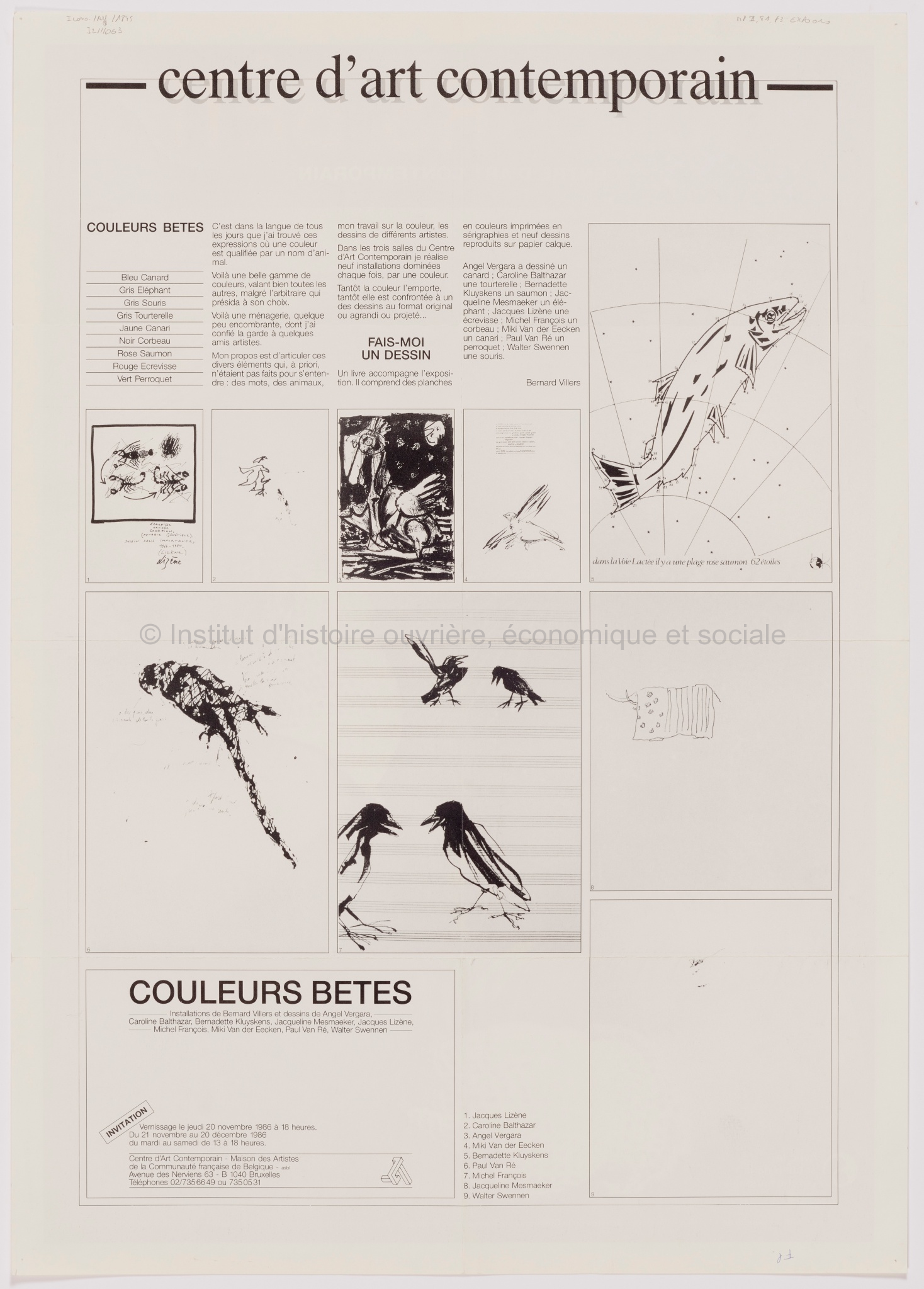 Couleurs bêtes. Centre d'art contemporains. Installations de Bernard Villers et dessins de Angel Vergara, Caroline Balthazar, Bernadette Kluyskens... [et al.]