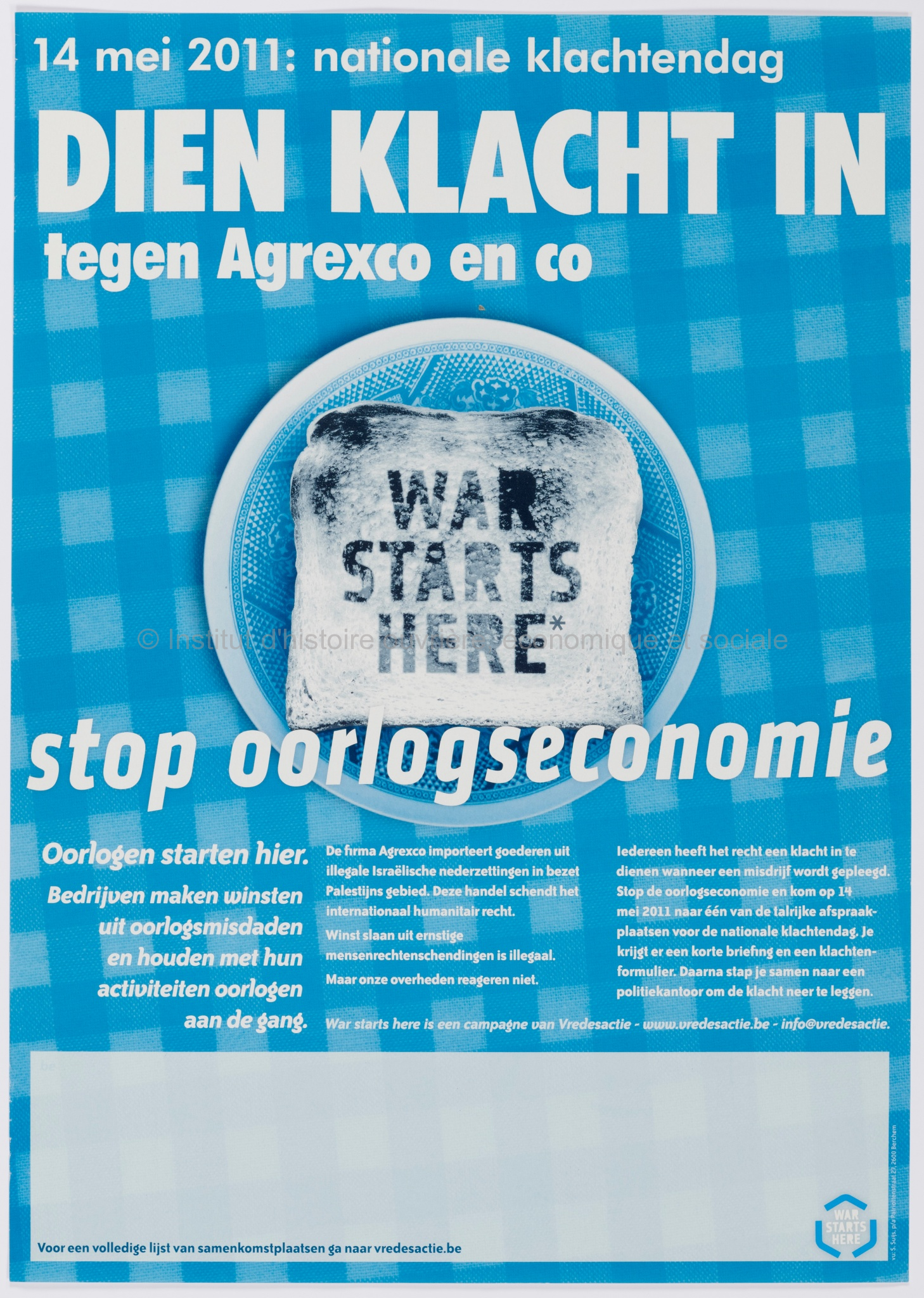 Dien klacht in tegen Agrexco en co : stop oorlogseconomie : 14 mei 2011, nationale klachtendag