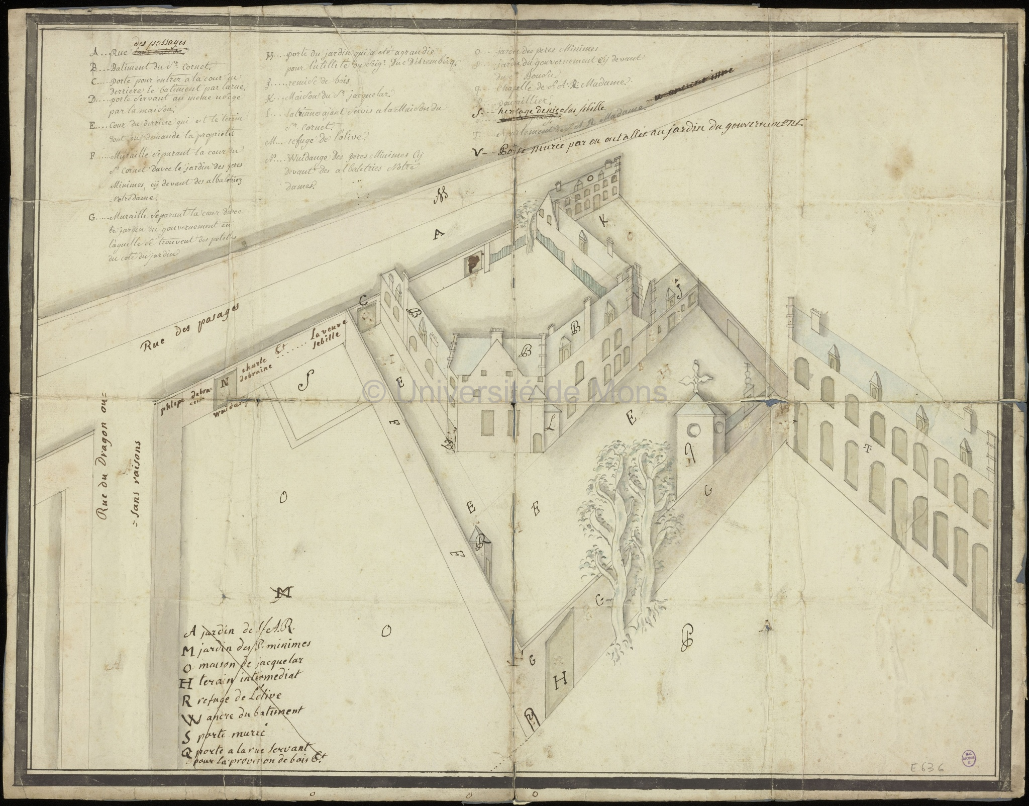 [Hôtel du gouverneur du Hainaut au coin de la rue du Dragon ou Sans raison (ou actuelle rue Antoine Clesse) et de la rue des Passages (actuelle rue Damoiseaux) : vue cavalière]