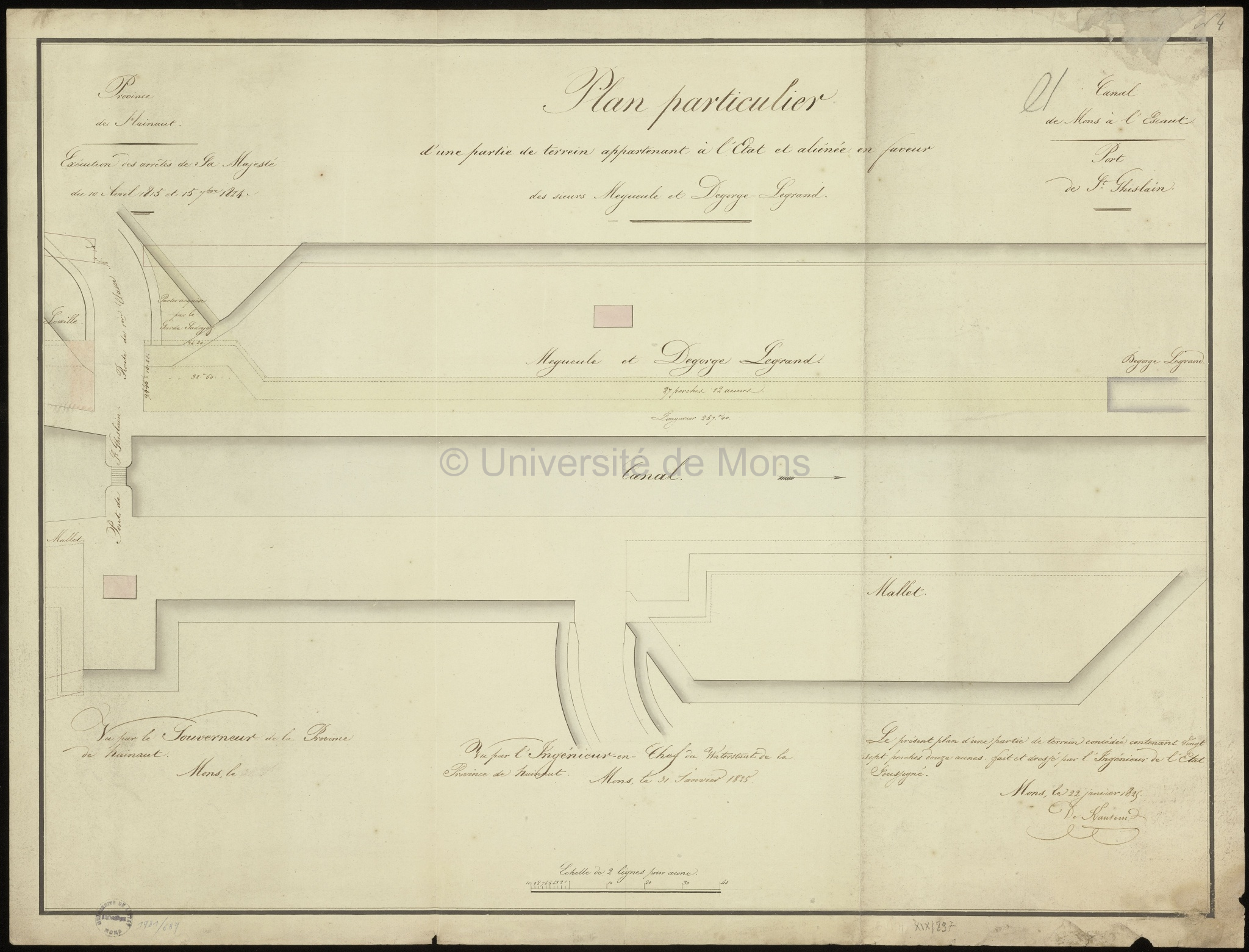 Canal de Mons à l'Escaut. Port de Saint-Ghislain. Plan particulier d'une partie de terrein [sic] appartenant à l'Etat et aliénée en faveur des Sieurs Megeule et Degorge Legrand