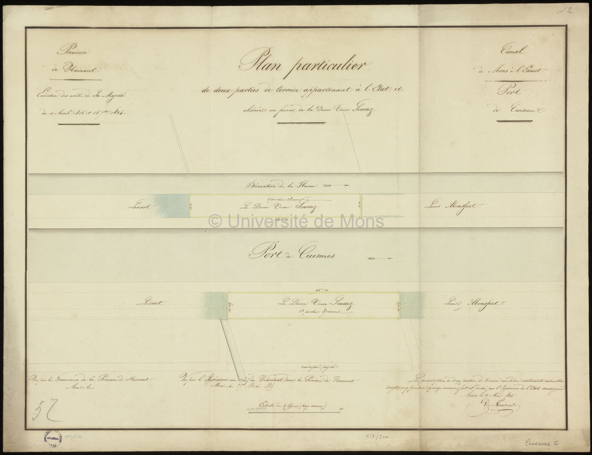 Canal de Mons à l'Escaut. Port de Cuesmes. Plan particulier de deux parties de terrein [sic] appartenant à l'Etat et aliénées en faveur de la dame veuve Scarsez