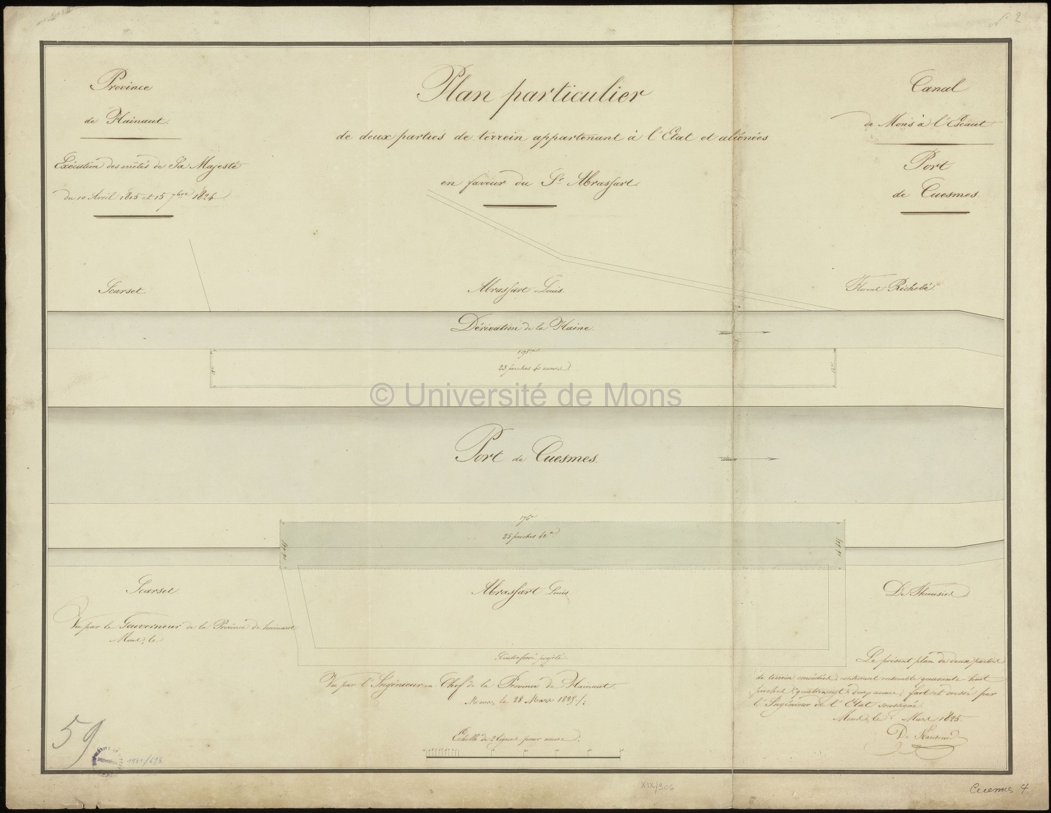 Canal de Mons à l'Escaut. Port de Cuesmes. Plan particulier de deux parties de terrein [sic] appartenant à l'Etat et aliénées en faveur du Sieur Abrassart