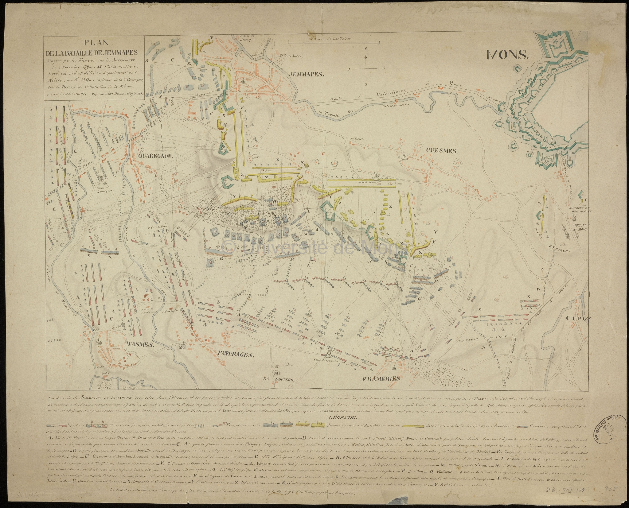Plan de la bataille de Jemmapes gagnée par les Français sur les Autrichiens le 6 novembre 1792, An 1er de la République. Levé, exécuté et dédié au département de la Nièvre, par A[lexandre] M.Q[uesnay] Capitaine de la 8ème Compagnie, dite de Decize, du 1er Bataillon de la Nièvre, présent à cette bataille